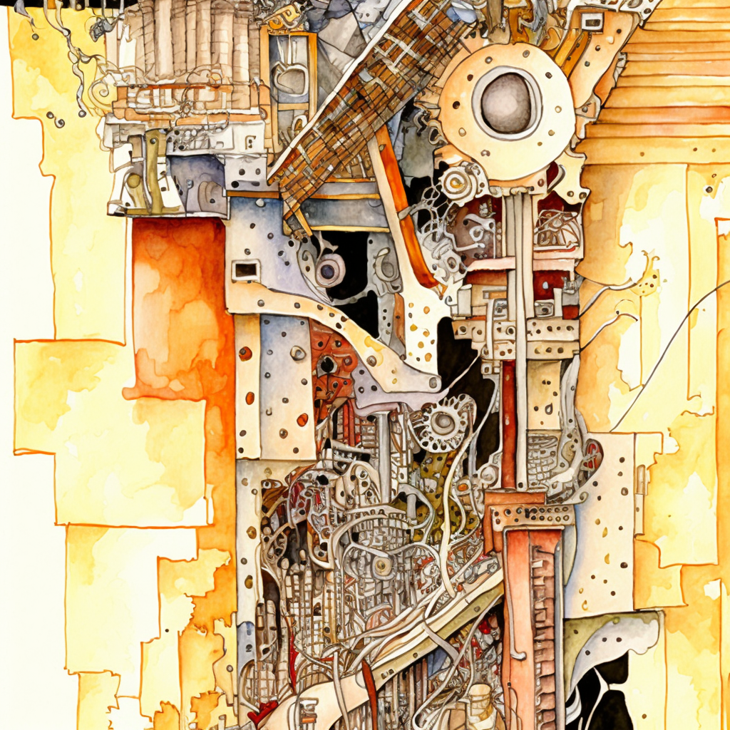 AI-generated Rube Goldberg contraption with pen-ink style