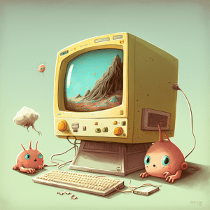 Cartoonish AI-generated illustration of a computer with cute blob-like creatures.