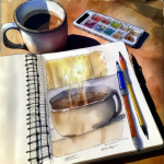 Sketchbook with watercolors and a cup of tea.