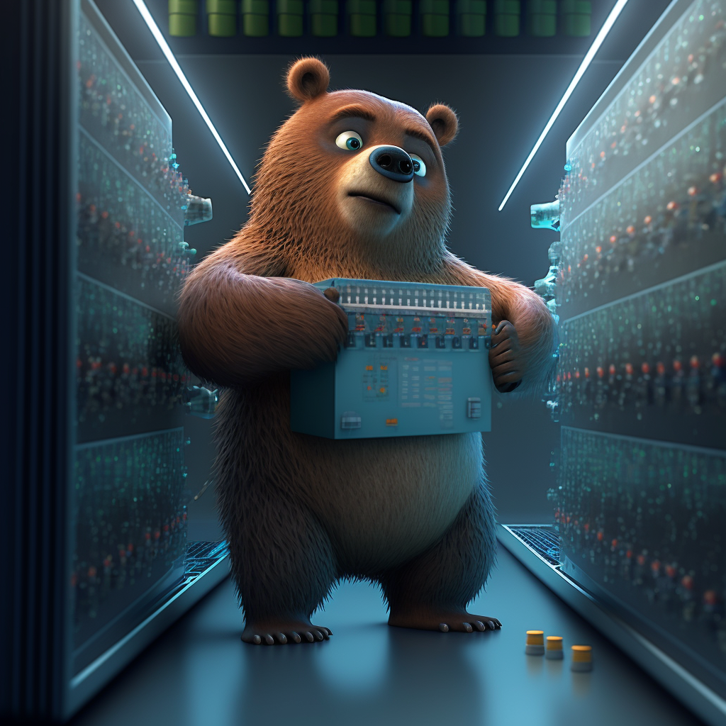Cartoon bear in a data center